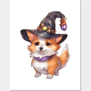 Watercolor Pembroke Welsh Corgi Dog in Witch Hat Posters and Art
